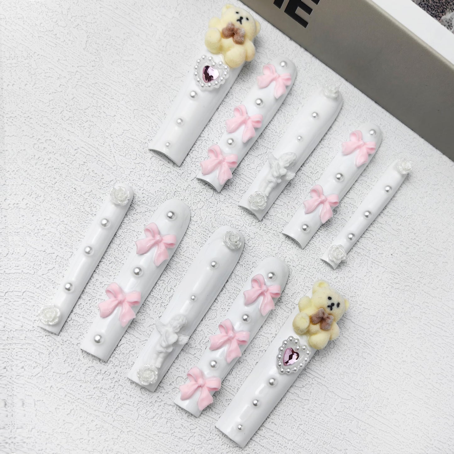 GGddsha 2025 White Long Nails with Cute Bear Rose Bow Design, Reusable PMMA Acrylic Handmade Nails Full Deluxe 3D Fake Nails with Pearls w/Box Ladies Gift (White, Medium)