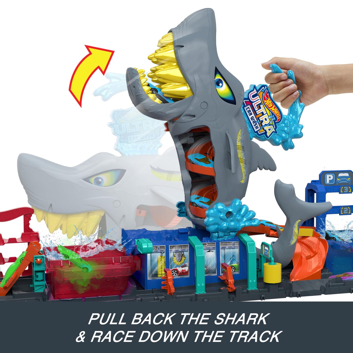 Hot Wheels City Track Set, Ultra Shark Car Wash with 1:64 Scale Color Reveal Toy Vehicle, Repeat Color-Change Feature, Storage