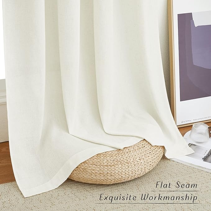 NICETOWN Flax Linen Blend Curtains for Bedroom, Vintage Grommet Top Semi Sheer Curtain Drapes Privacy Assured Window Treatment Light Reducing for Living Room, Off White, W55 x L63, Set of 2