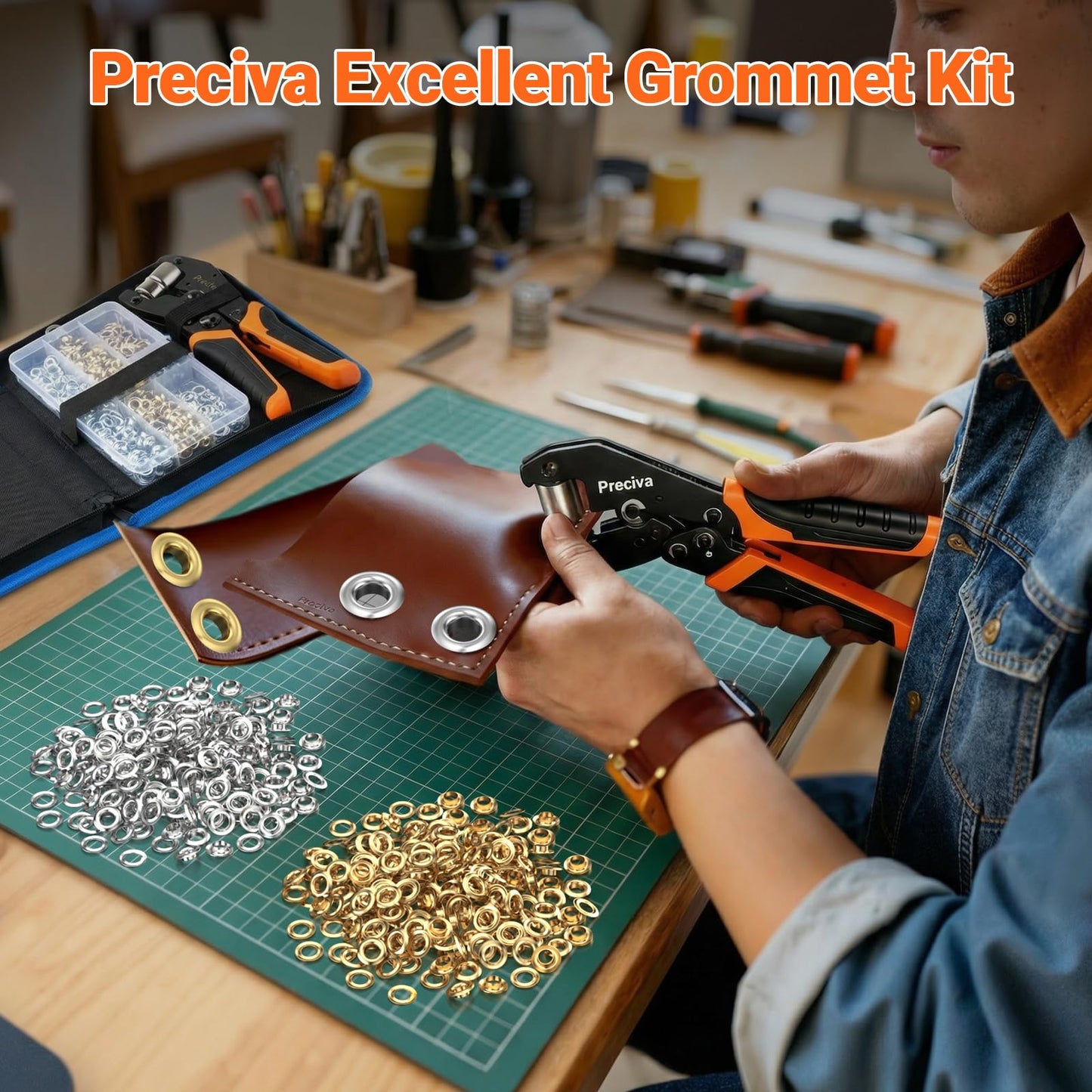 Preciva Grommet Eyelet Pliers Kit, Handheld 1/4 Inch 6mm Manual Grommet Press Machine with 300 Pcs Gold & Silver Eyelets, Storage Bag and Hole Punch for Tarp, Fabric, Banner, Canvas DIY Crafts