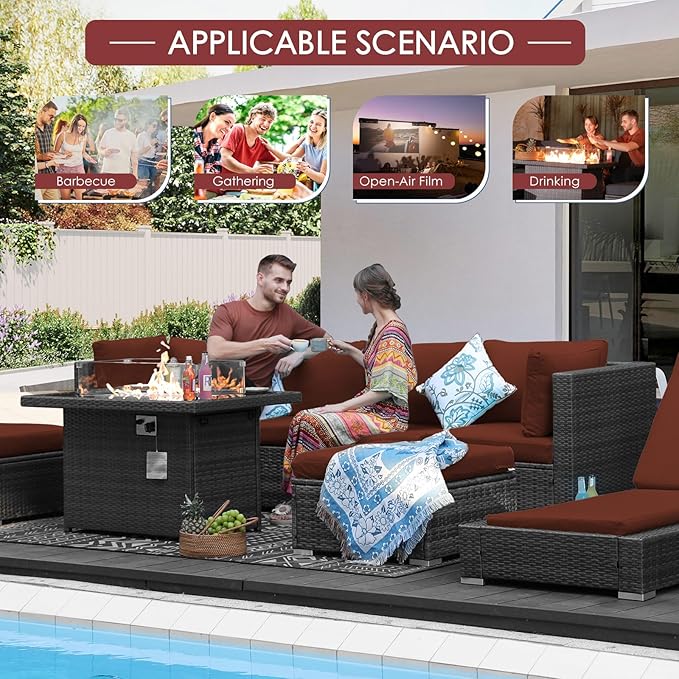 NICESOUL 9 Piece Extra Large Outdoor Patio Furniture Set with Firepit Table Natural Gas/Propane, 29.3'' High Back Gray Wicker Sectional Sofa, Deep Sitting Conversation,2 Color Cushion Burgundy & Gray