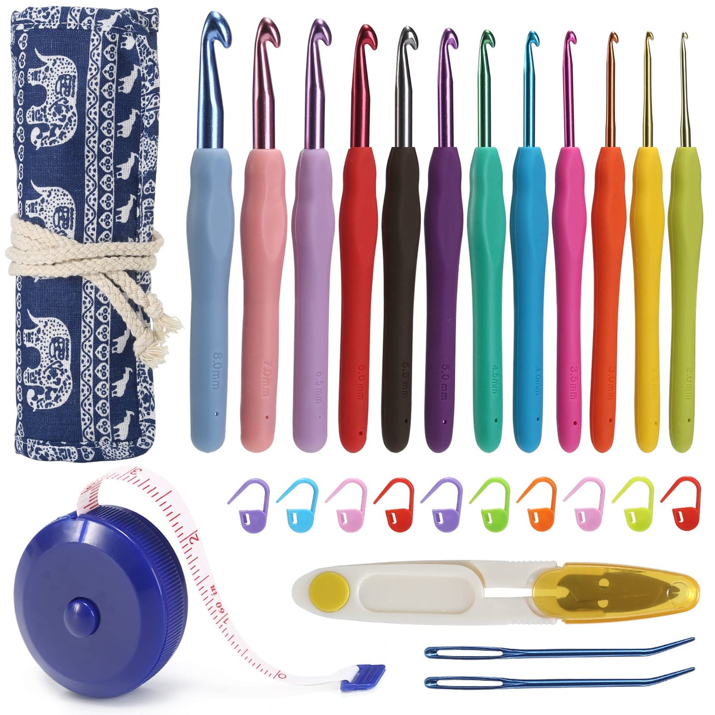 YOJOB Crochet Hooks Set (12 Sizes), Super Smooth 2.0mm-8.0mm Ergonomic Soft Grip Crochet Needle Kit with Accessories and Crochet Case