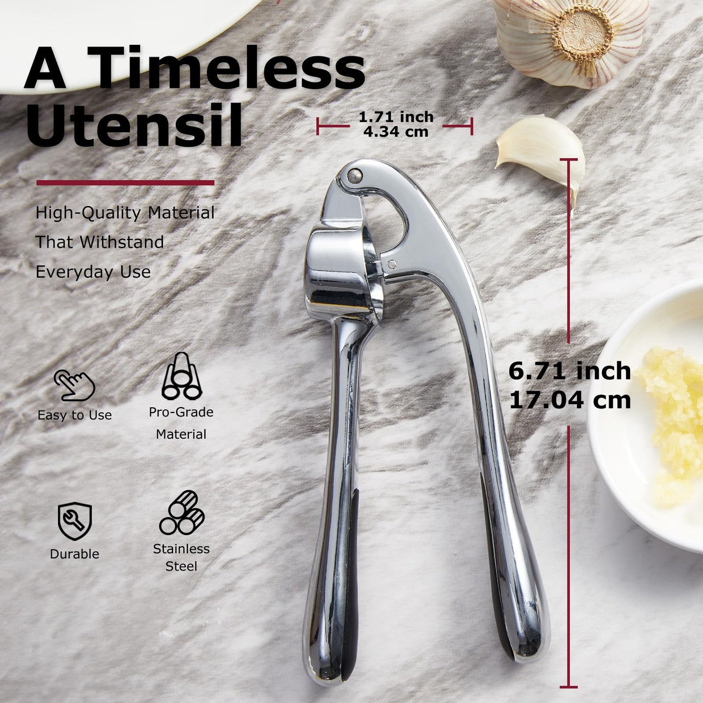 Kitessensu High Effective Premium Garlic Press Set, With Silicone Garlic Peeler & Brush, Heavy Duty Garlic Mincer, Easy to Squeeze and Clean, Rust Proof - Gloss Silver