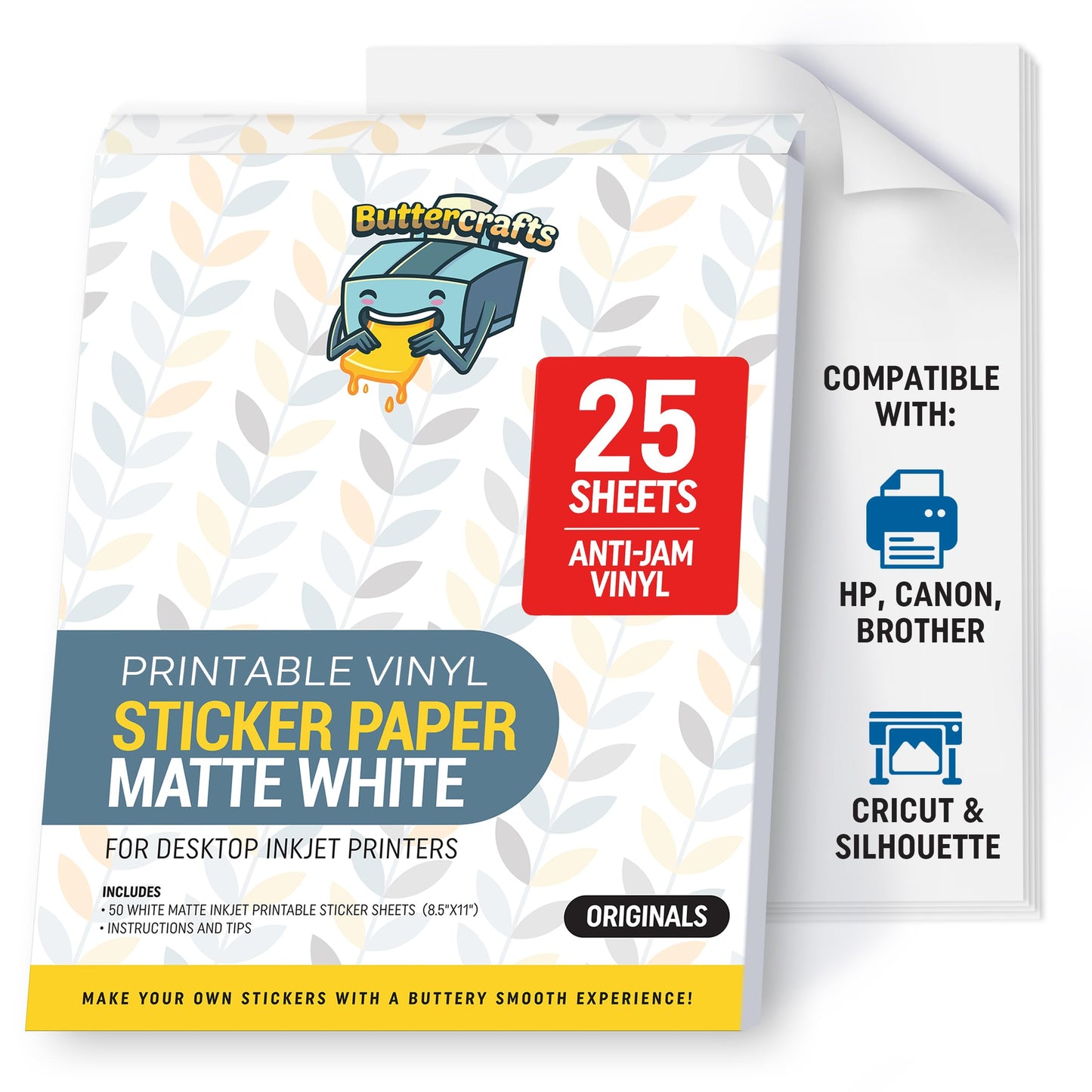 Matte Printable Vinyl Sticker Paper Waterproof 25 Sheets 8.5"x11", Inkjet Printer (HP, Canon, Brother Printers Compatible) - Weatherproof White Sticker Sheets - Strong Adhesive
