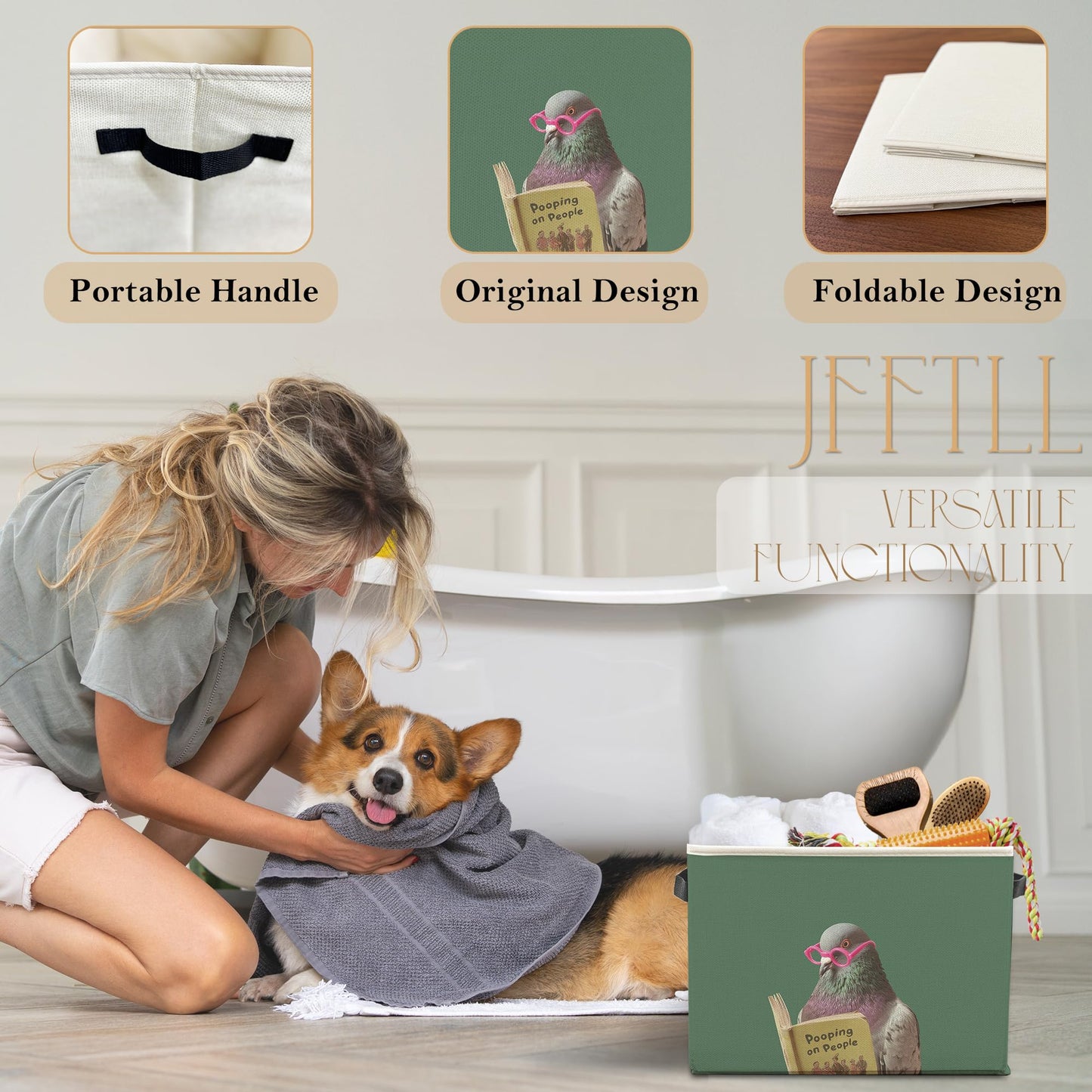 JFFTLL Funny Pigeon Bathroom Storage Bins Box, Funny Bathroom Decor, Birds Lover Gift Storage Basket Laundry Hamper with Handle for Bath Room Clothes Vanity Undersink Home Organization