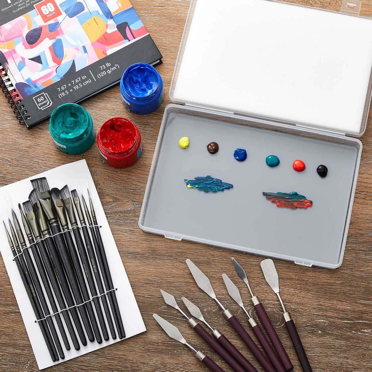 Nuanchu 22 Pcs Painting Starter Kit for Beginners, Tempered Glass Paint Palette, Stay Wet Palette Box with Lid, Brushes, Knives, Sponge, All-in-one Art Set Gift for Beginners, Artists & Painters