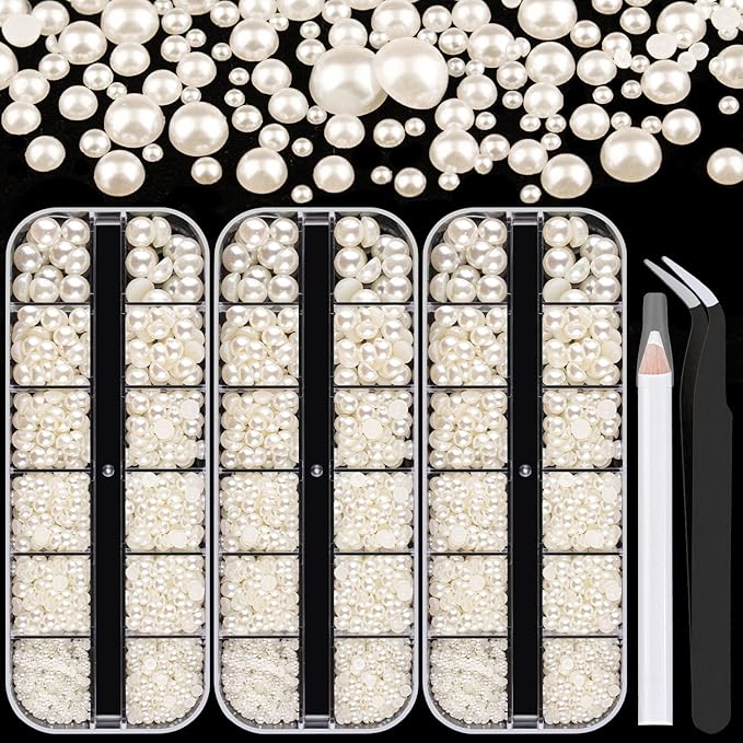 Belleboost Flat Back Pearls Kits 3 Boxes of Flatback Beige Half Round Pearls with Pickup Pencil and Tweezer for Home DIY and Professional Nail Art, Face Makeup and Craft