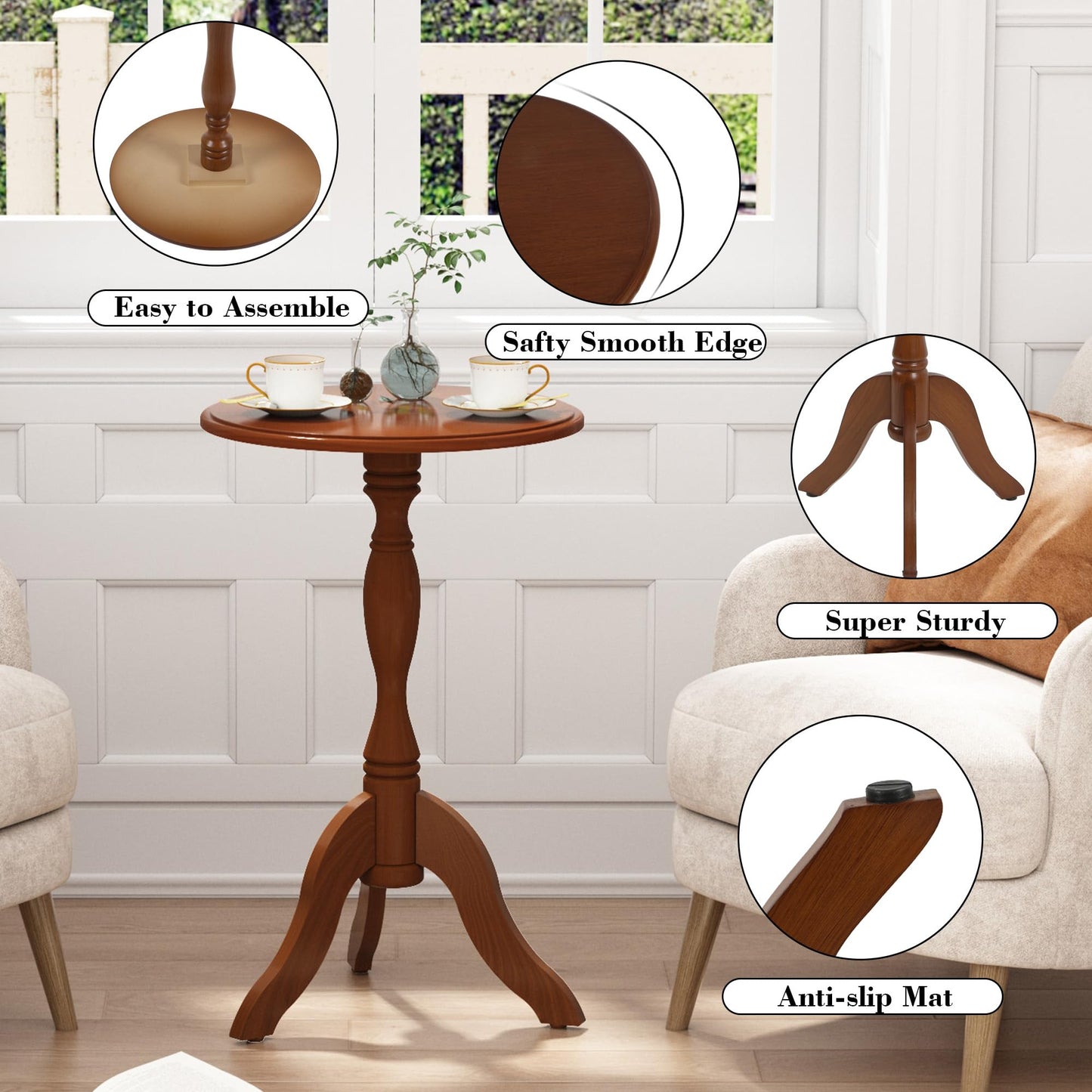 HLR Round Small End Table, Wooden Pedestal Side Coffee Tables, Vintage Accent Nightstand for Living Room, Bedroom, Entryway (1, Walnut)
