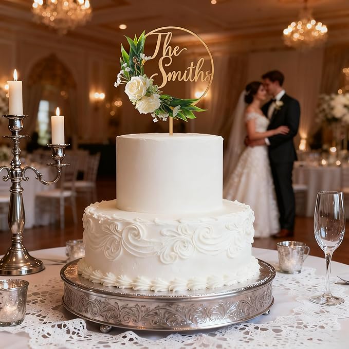 3D Flowers Wedding Cake Topper Personalized Last Name Wedding Cake Decoration in Wood with 3D Artificial Roses
