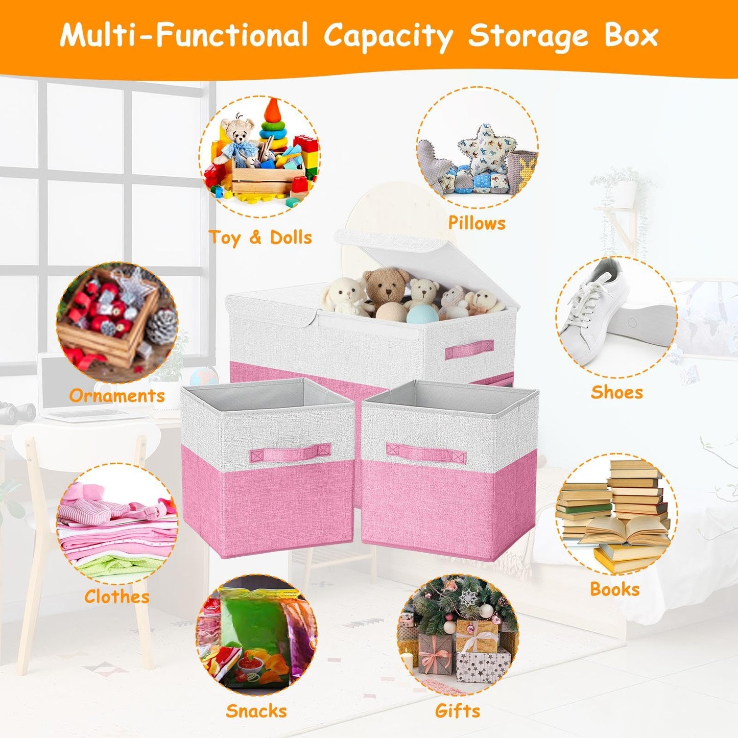 Fiwochic 3 Pack Large Storage Bins Set 23" Toy Chest Storage with Lids and 11" Cubes Organizer Bins for Kids Bedroom Closet Shelf Organizer for Clothes Blankets Nursery Playroom(Pink White)