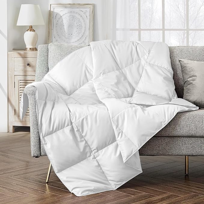puredown® Soft Feather Down Throw Blanket Lightweight Packable Couch Throw for Indoor and Outdoor Use, 50"X70", Pure White