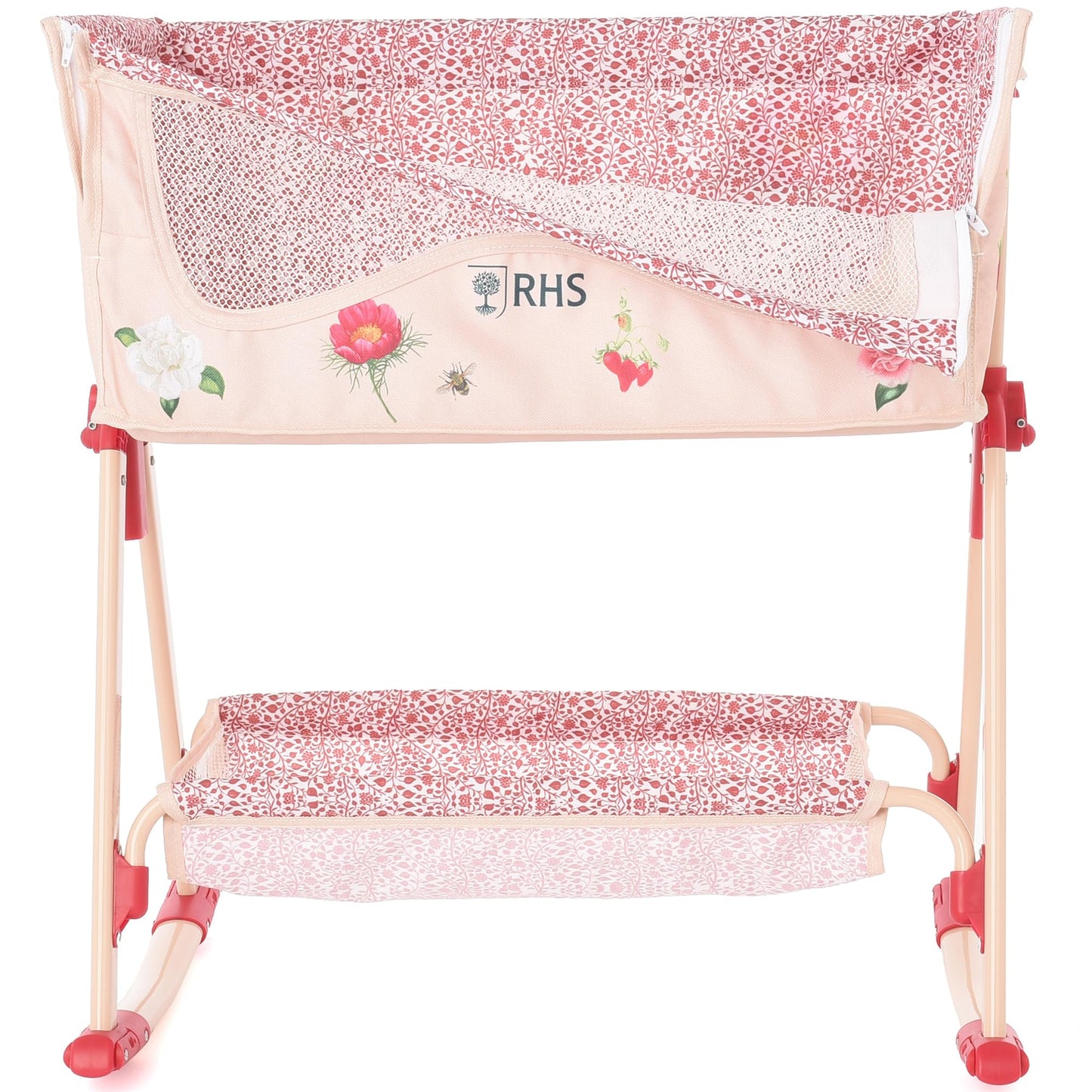 Roma Prams: RHS Doll Bedside Crib - Flora - Cream & Red, Rocking & Stationary, Bedtime Accessory, Adjustable Height, Storage, Roleplay Toy, Kids 3+