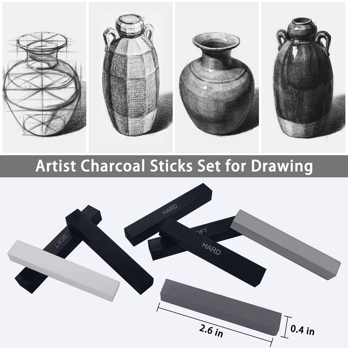Dlicoda 24 Pcs Compressed Charcoal Sticks with Soft, Medium, Hard and White Charcoal, Square Vine Charcoal Stick Kit for Drawing, Sketching and Shading, Art Supplies for Artists Beginners