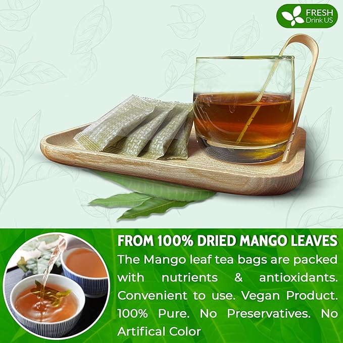 FreshDrinkUS, Premium 100 Mango Leaf Tea Bags, 100% Natural & Pure from Mango Leaves. Loose Leaf Herbal Tea. No Sugar, No Caffeine, No Gluten, Vegan.