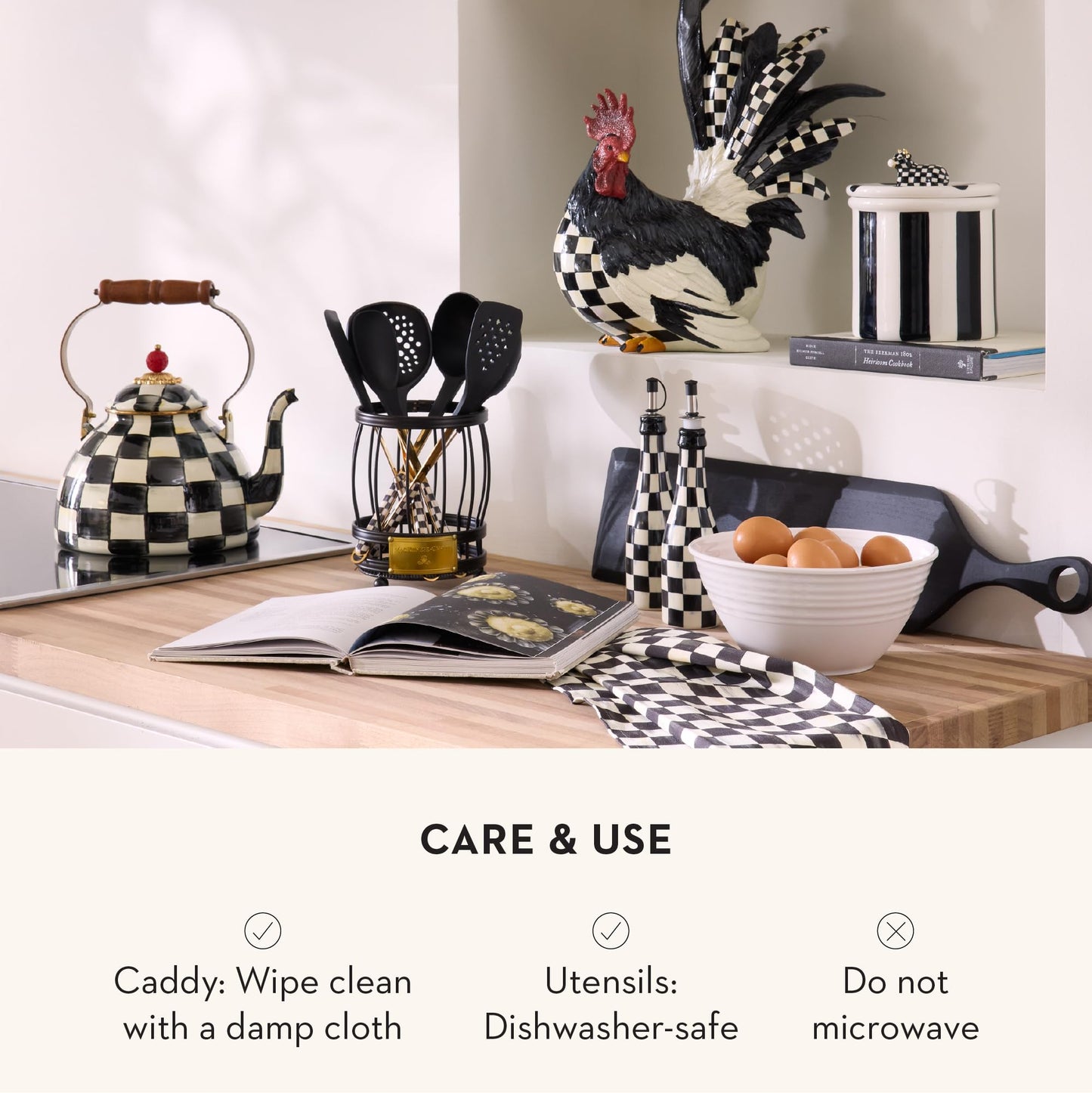 MACKENZIE-CHILDS Utensil Caddy Set with Kitchen Utensils, Black-and-White Courtly Check