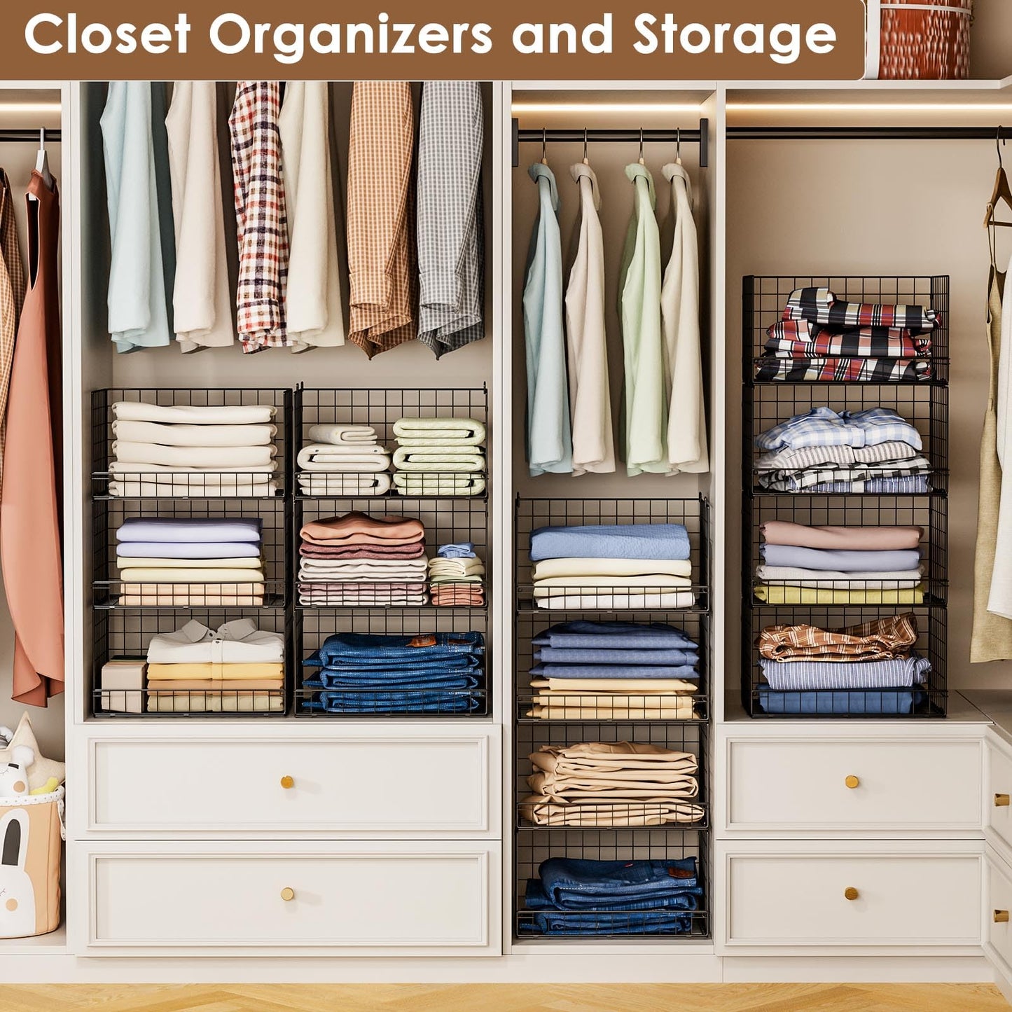 Yociyoga 4-Tier Stackable Closet Organizers and Storage Shelves, Foldable Closet Shelf Organizer, Black(Patent Protection)(Patent No. 30022416)