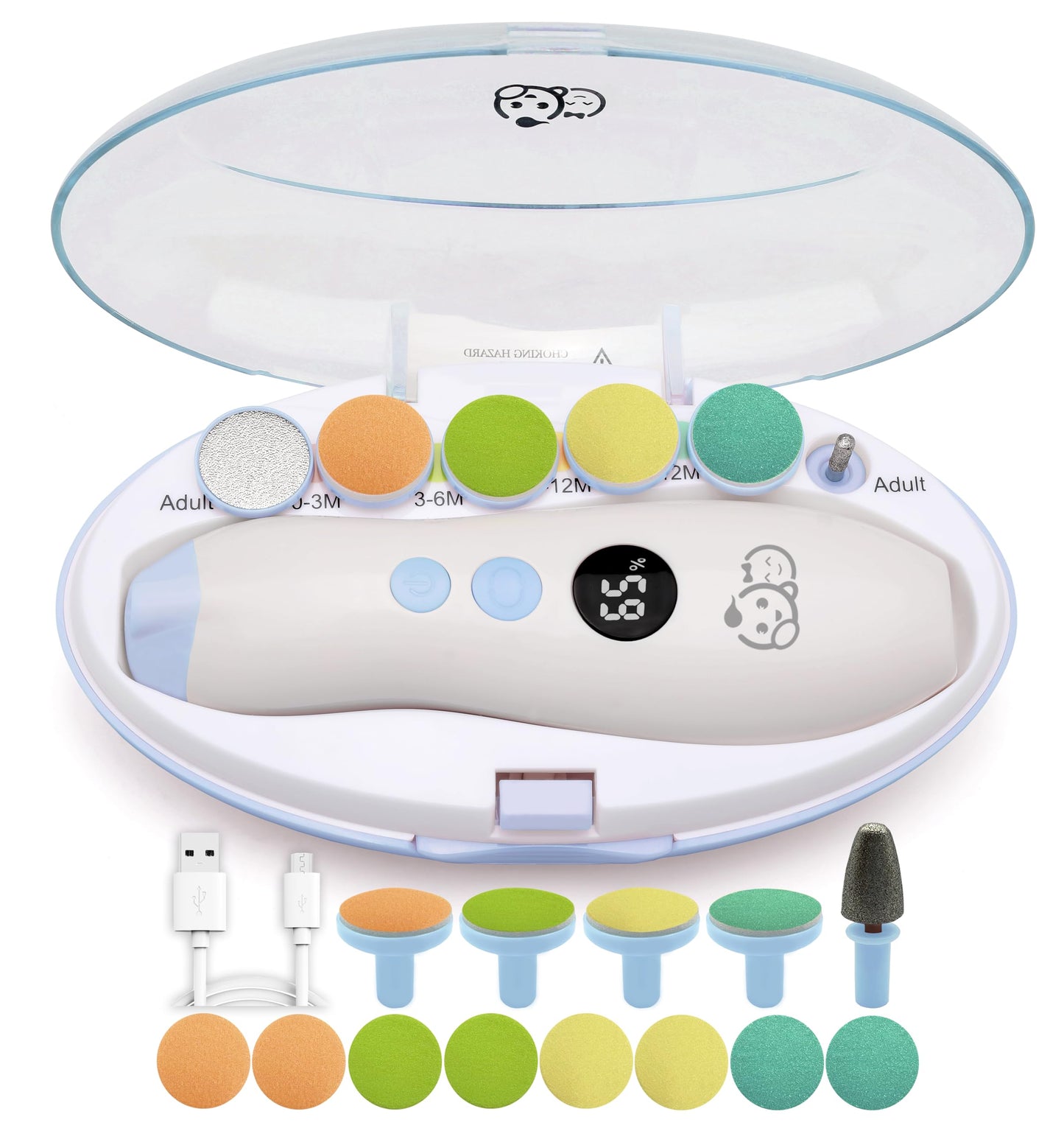 Royal Angels Rechargeable 22 in 1 Baby Nail Trimmer with LCD Display, Labeled Case, 13 Extra Pads, 4 Speed Settings, Safe Quiet LED Light Electric Baby Nail File Kit for Newborns Toddlers (WhiteBlue)