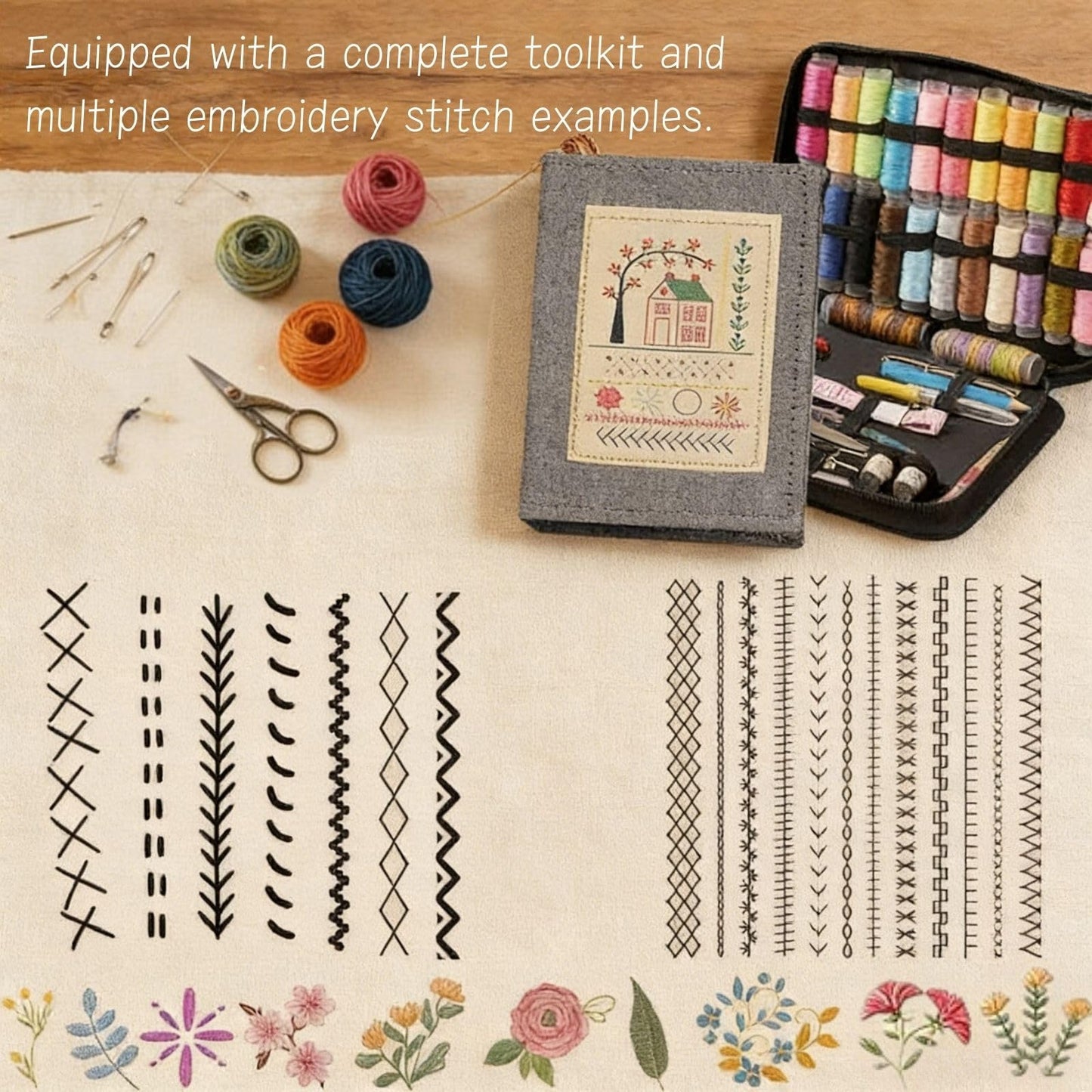 Embroidery Stitch Book Kit, Portable All Scenario Embroidery Stitch Book, Comes with Complete Toolkit and Examples, Embroidery Kit for Beginners and DIY Enthusiast