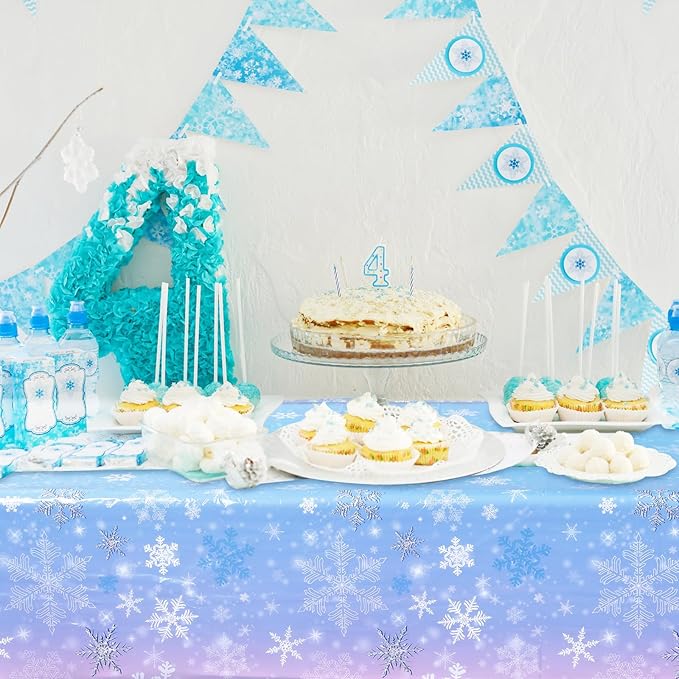 Buryeah 6 Pcs Winter Snowflake Disposable Tablecloth Decorations, Blue and Purple Wonderland Plastic Table Cover 54 x 108 Inch Christmas Dining Tablecloth for Winter Holiday Theme Party Supplies