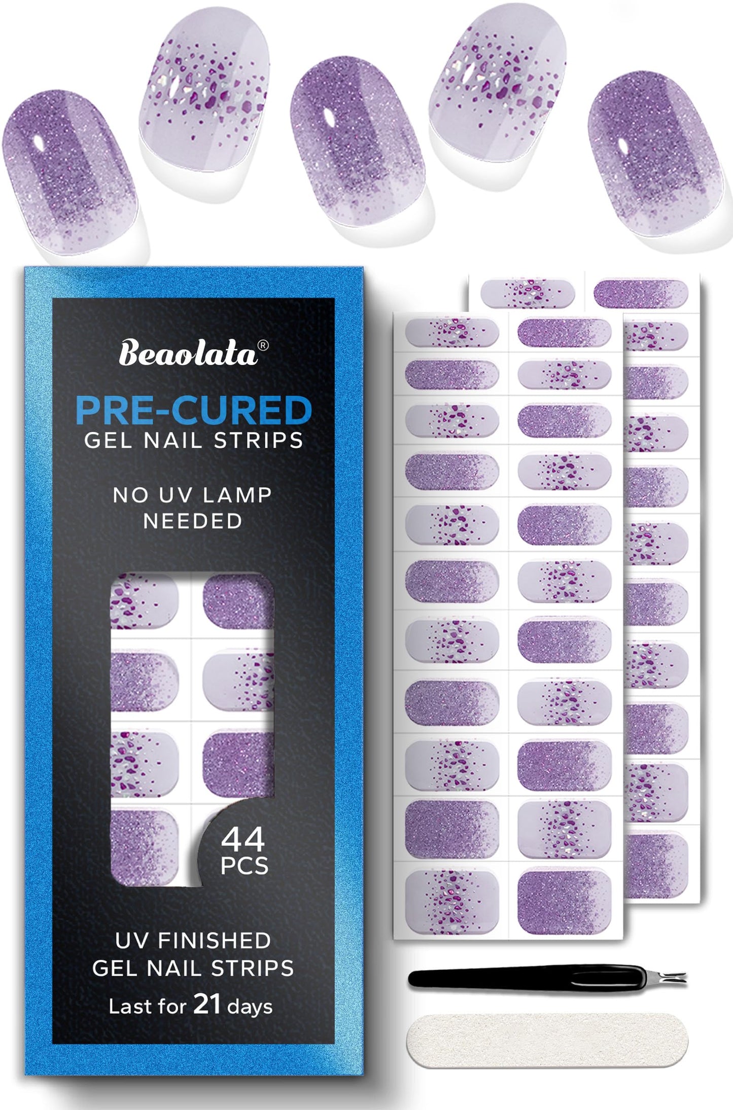 Beaolata Real Gel Nail Strips (No UV Light Needed) - 44Pcs Salon Quality Nail Stickers - Long Lasting Polish Wraps for Women, Easy Apply & Remove (Galaxy Jewel Purple)