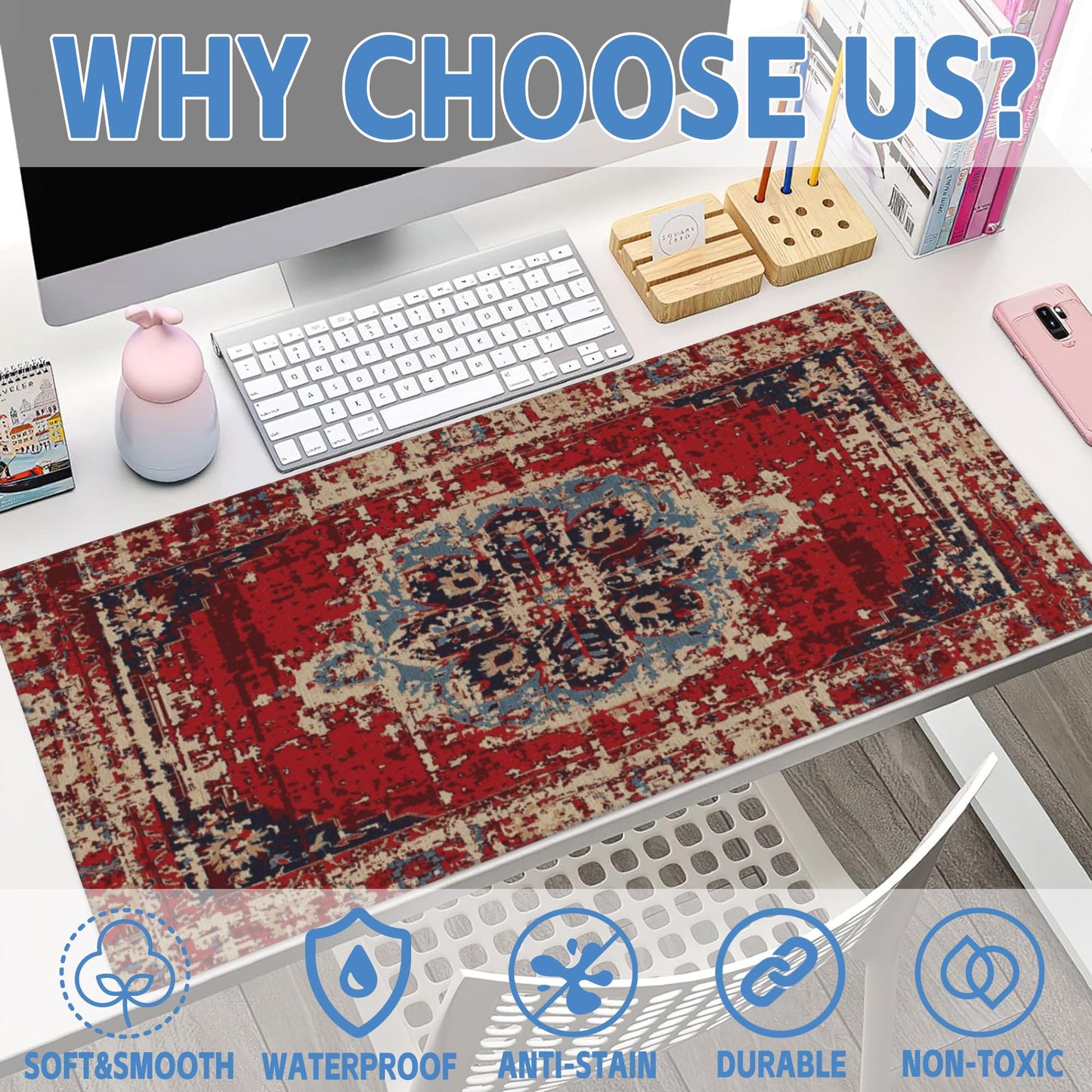 Desk Mat,Boho Carpet Style Large Gaming Mouse Pad for Desk XXL,Bohemian Rug Desk Pad,Extended Big Computer Keyboard Mouse Pad with Non-Slip Base and Stitched Edges 35.4"x15.7"
