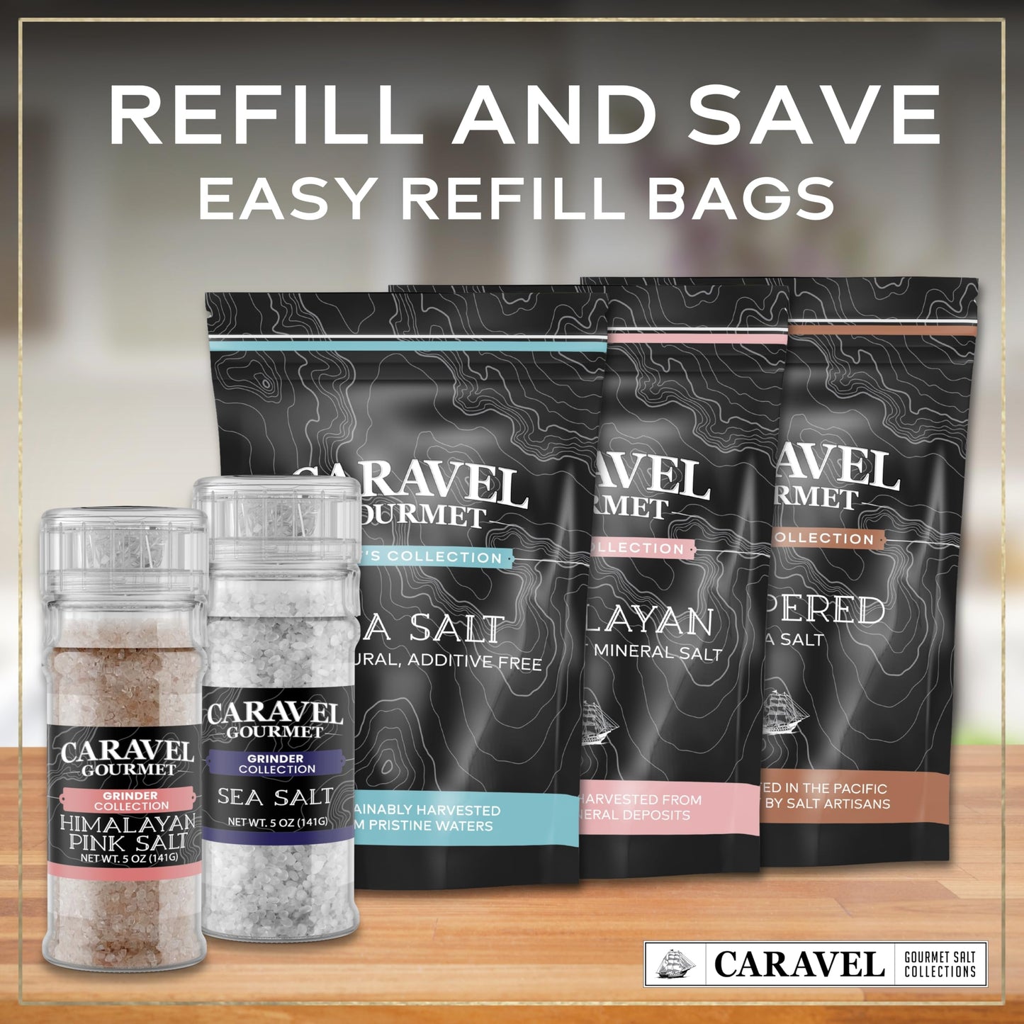 Sea Salt and Himalayan Pink Salt Grinder Bundle for Seasoning, Finishing, and Cooking – 5 oz Adjustable Grinders for Fine and Coarse Grinds – Caravel Gourmet