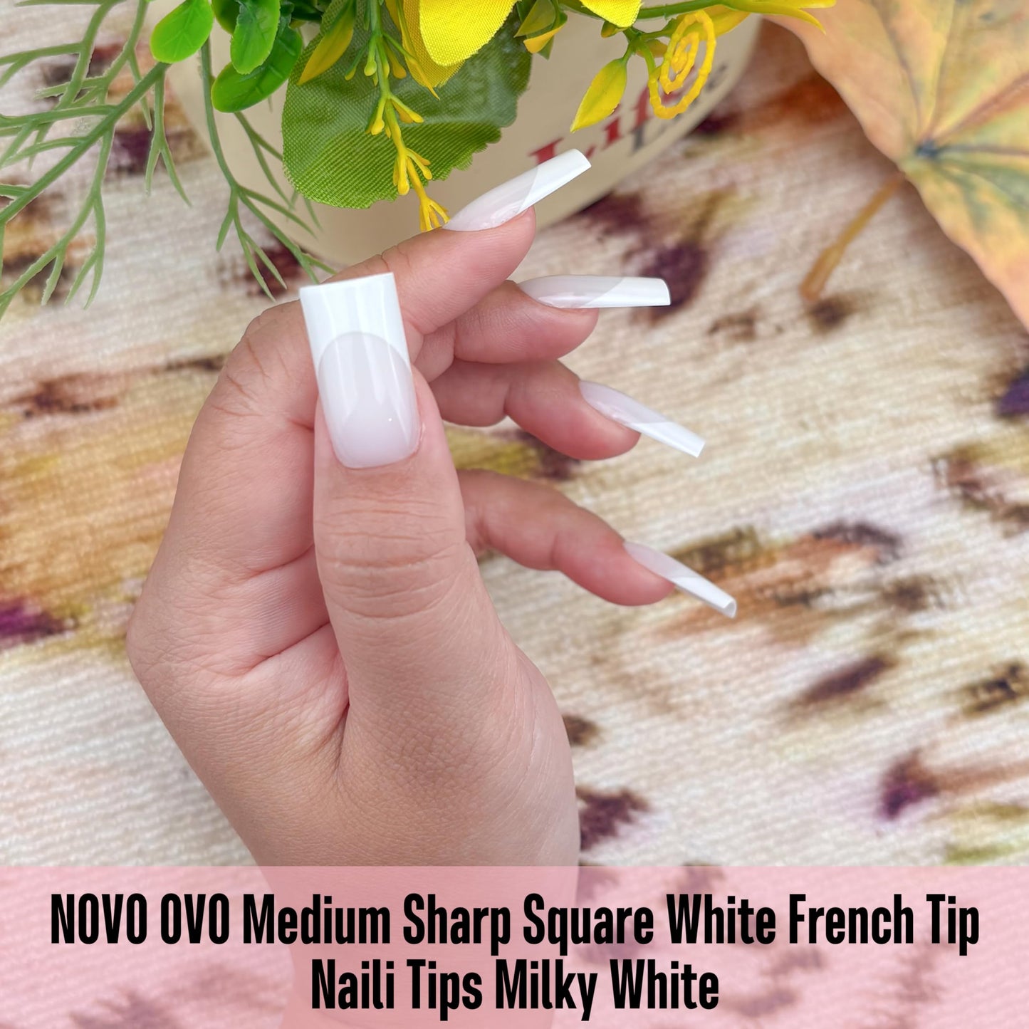 NOVO OVO Medium Square French Tip Nail Tips, Extra Thick Soft Gel Tips Full Cover, 180Pcs Milky White Pre-Etched False Nails (Need Builder Glue Gel & Top Coat), 15 Sizes Press on Nail Extension Kit
