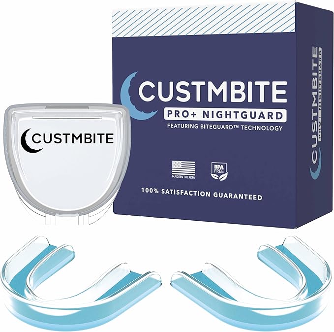 CUSTMBITE Premium Pro+ Night Guard with BiteGuard Technology, 2 Pack with Mouth Guard Case, USA Made, Mouth Guard for Grinding Teeth at Night, Bruxism NightGuard