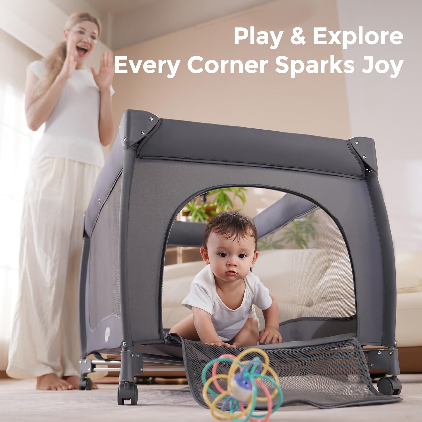 Pamo Babe 7 in 1 Pack and Play with Bassinet, Portable Crib with Mattress, Diaper Changer, Magic Fold™ One-Step Quick Setup Playard, Mosquito Net, Zipper Door, Toy Arch for Newborn to Toddler