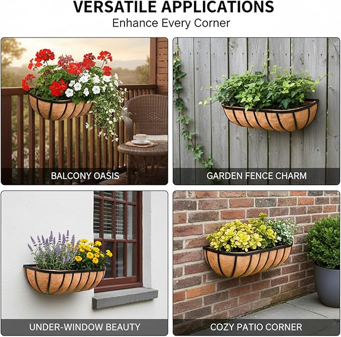 16“ Window Box Railing Planter with Coco Liner Metal Wall-Mounted Coconut Liner Basket English Horse Trough Planter for Outdoor Deck Balcony Porch Fence Patio Black (4 Pack)