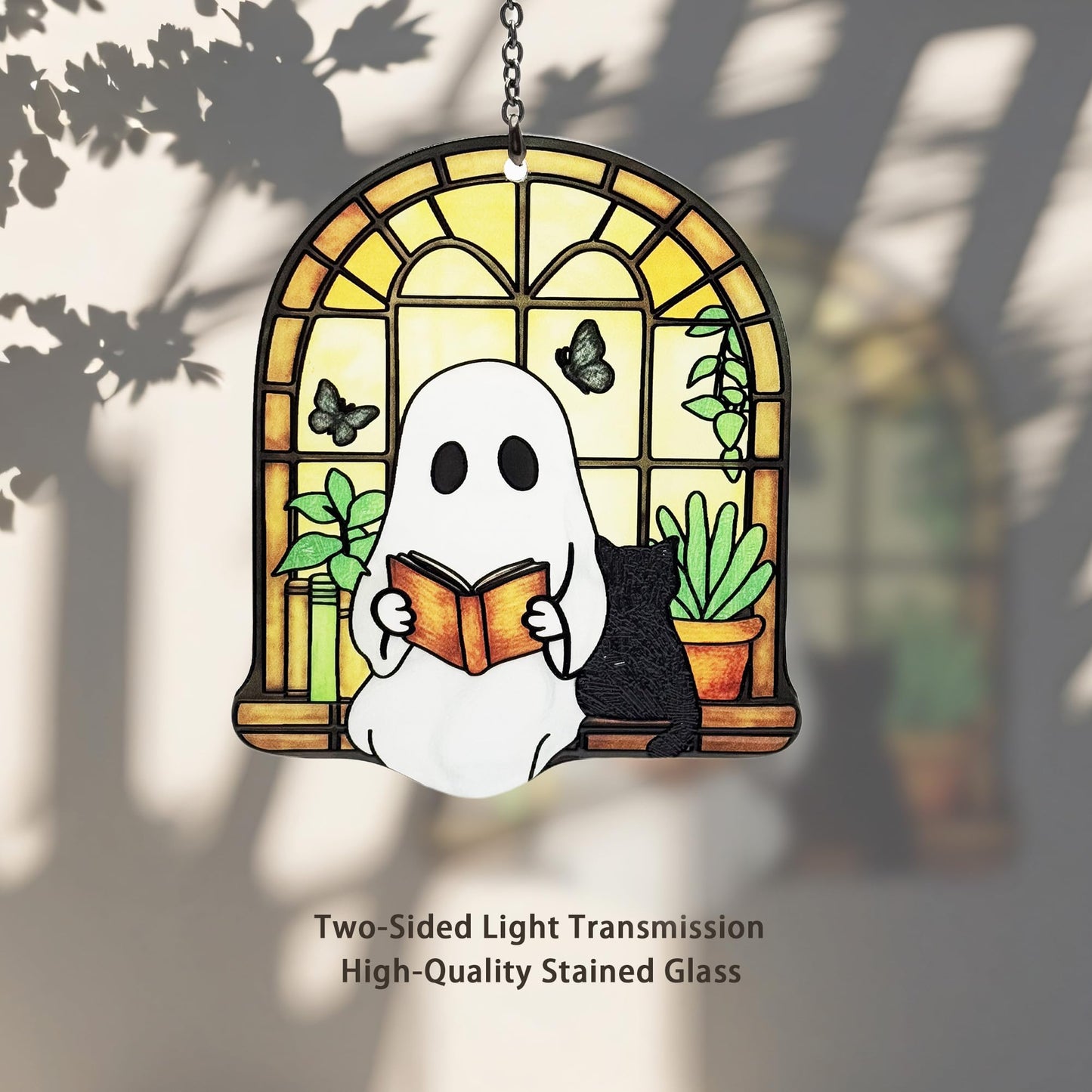 Ghost Black Cat Suncatcher, Ghost Reading Book Christmas Giifts for Women, Cat Lover Gifts