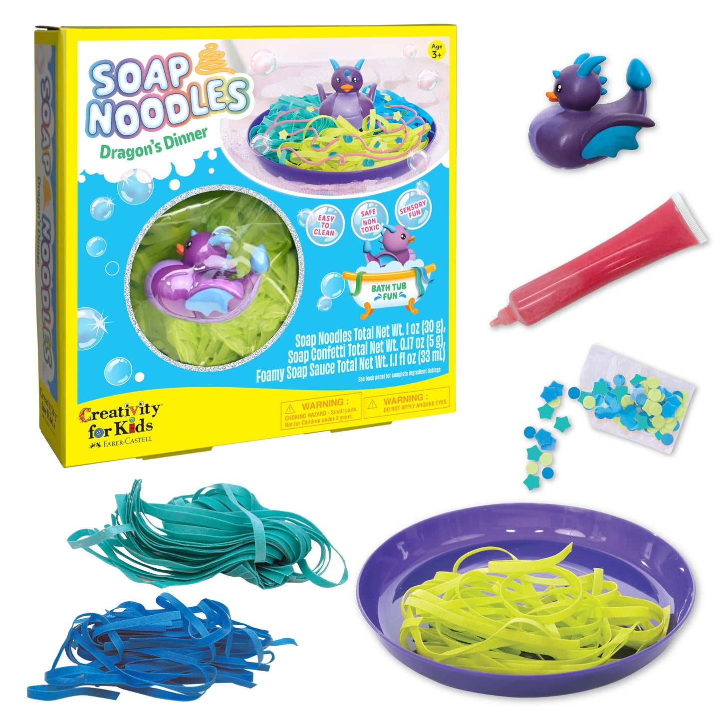 Creativity for Kids Soap Noodles Dragon’s Dinner Bath Set | Sensory Bath Toys for Kids | Mix, Layer & Play with Colorful Soap Noodles, Foamy Soap Sauce & Confetti (Ages 3+)