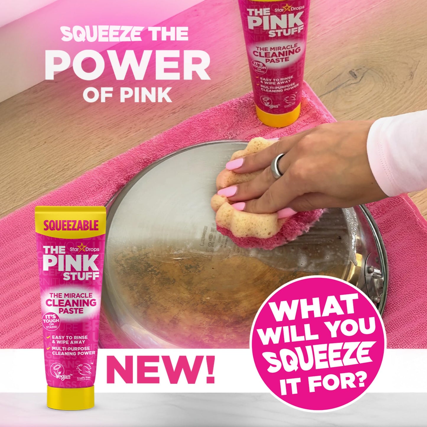 The Pink Stuff Squeezable Cleaning Paste 300g with SQeeZY Scrubber Sponge | Powerful Multi Purpose Surface Cleaner for Kitchen, Bathroom, Cookware, Tiles, Showers, and More