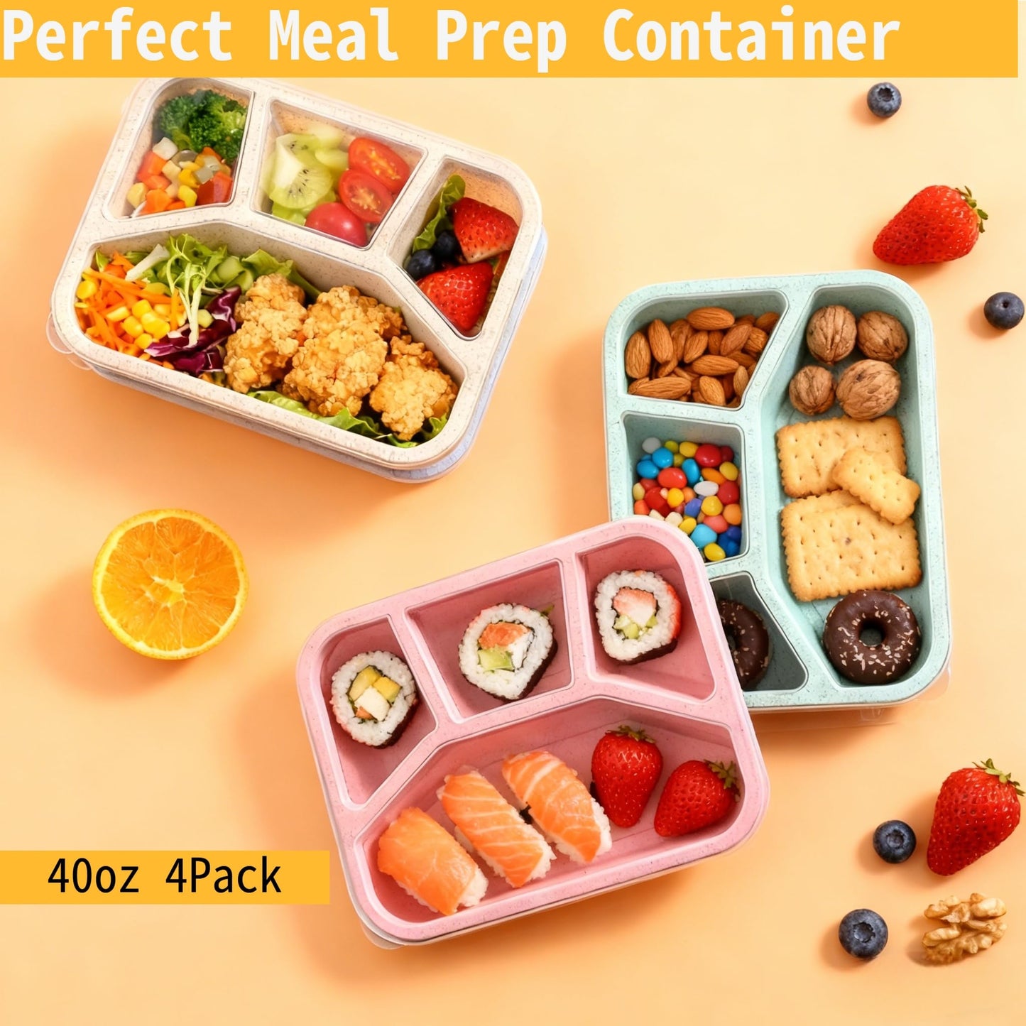 Bento Lunch Box 4-Compartment for Adults 4 Pack – Reusable Meal Prep & Snack Containers with Clear Lids, Stackable Food Storage Boxes Wheat Straw, lightweight for Work, Travel