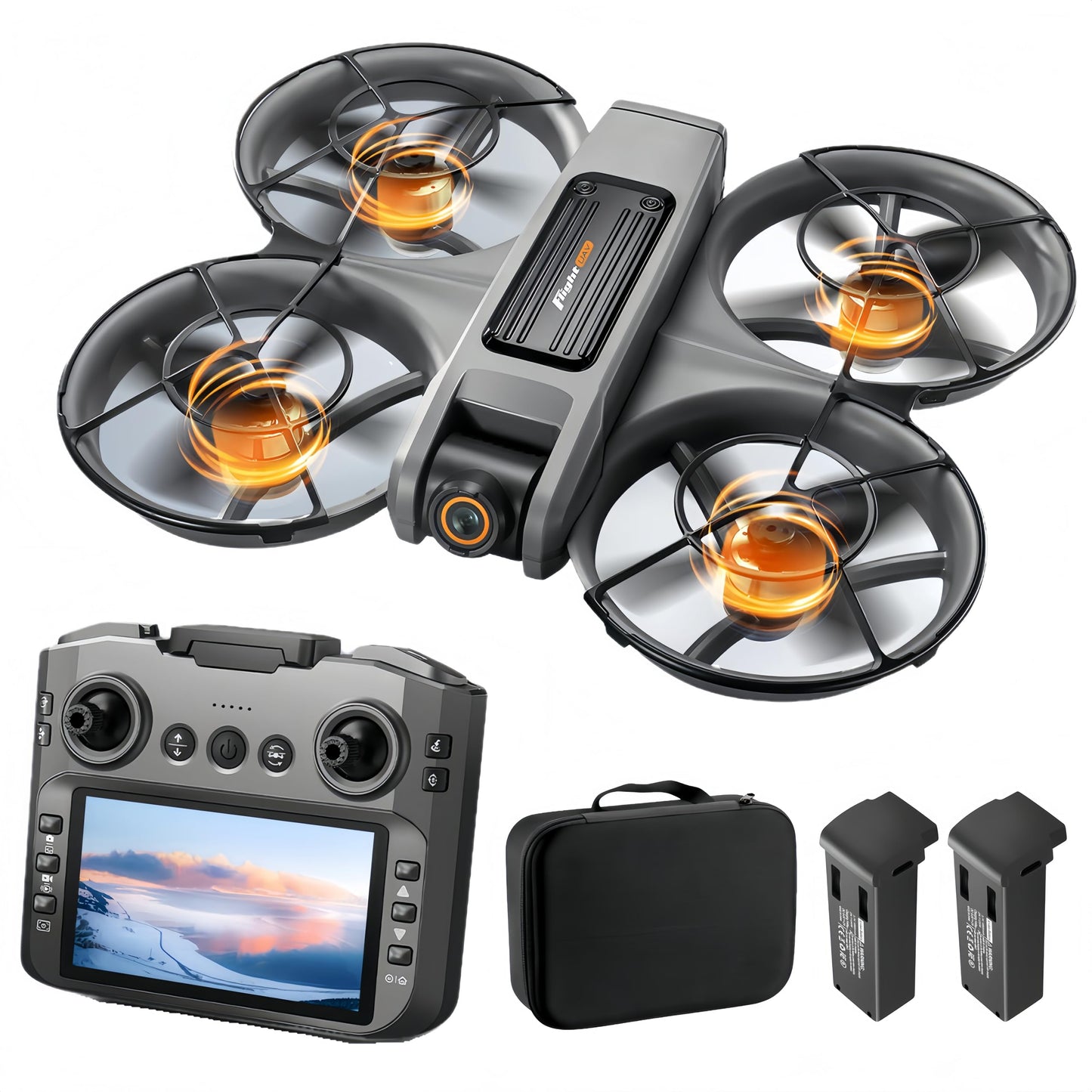 Drone With Large Screen Remote Control (4.92in) , Mini Airplane with Dual Cameras, 2 Batteries, 360° Flips, Full Propeller Guard Protection for Anti-Collision, Brushless Motor, Hovering, Quadcopter with Optical Flow Positioning, RC Helicopter for Adults a