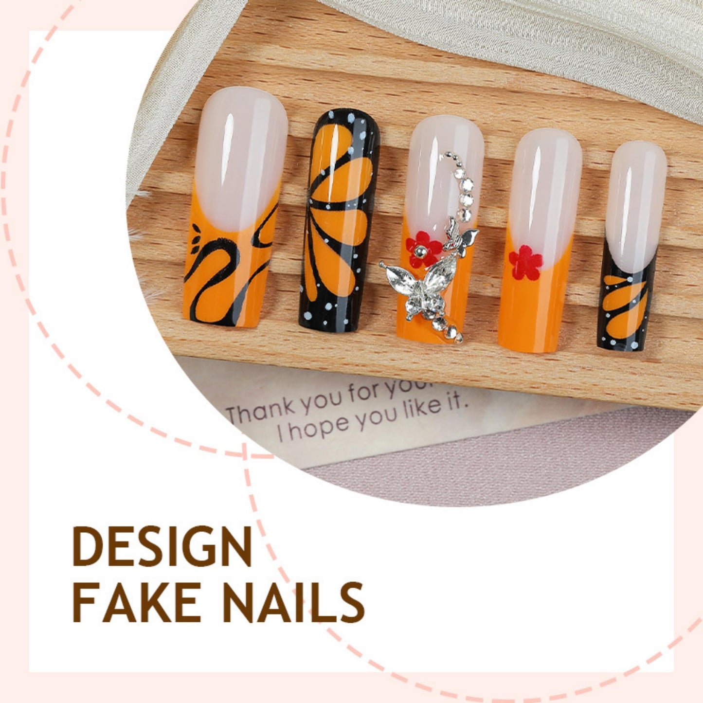 Long Press on Nails Square Fake Nails Orange Acrylic Nail Press Ons Seeneey Black Butterfly and Silver Charm Designs Flowers Stick on Nail for Women 24pcs