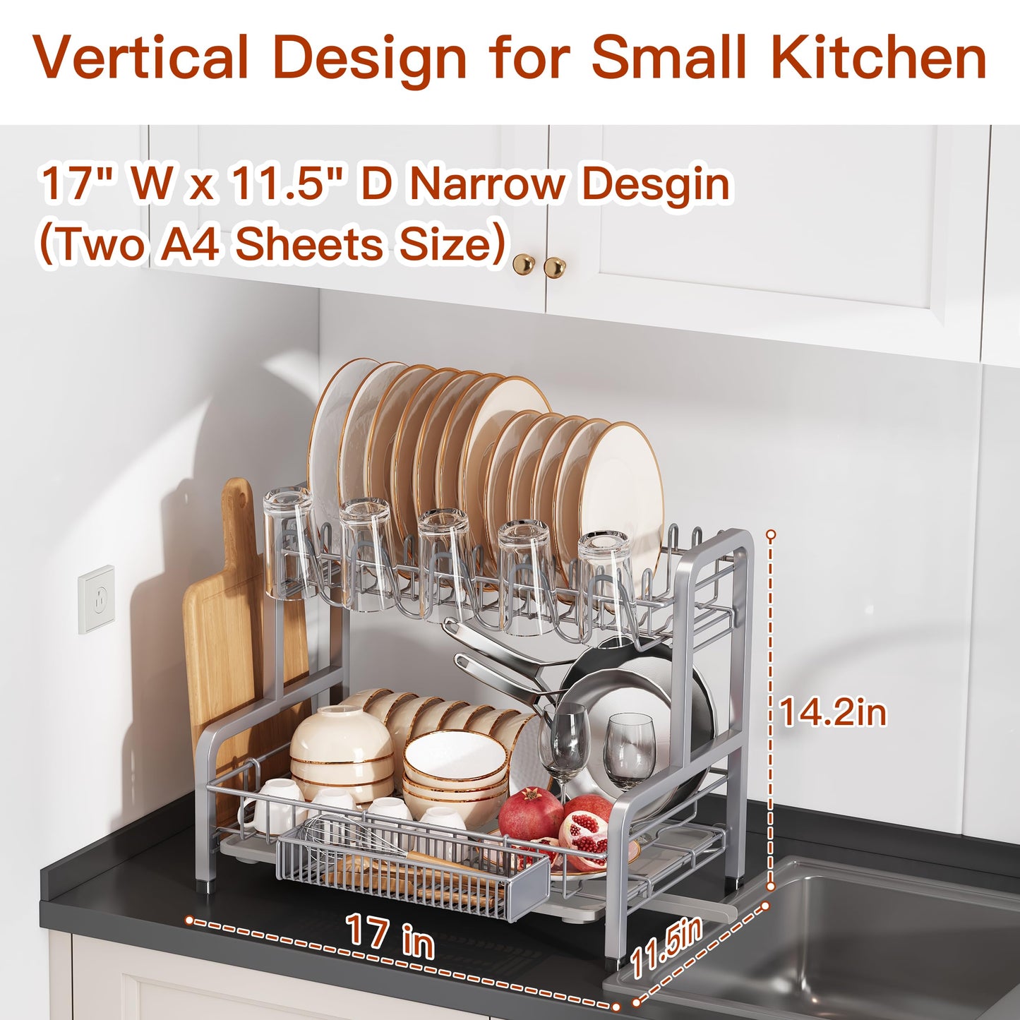 2 Tier Dish Drainer Drying Rack for Kitchen Counter, Large Stainless Steel Dishes Dryer with Drainboard, Space Saving, Big Rustproof Metal Modern Countertop Plates Strainer with Utensil Holder, Sliver