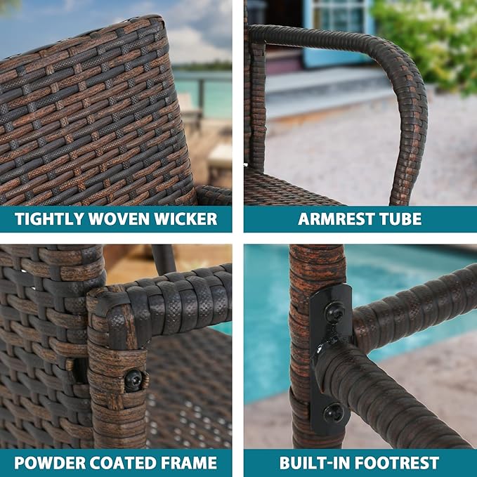 SUPER DEAL Upgraded Wicker Bar Stool Chairs Outdoor Backyard Rattan Chair w/Iron Frame, Armrest and Footrest (2)