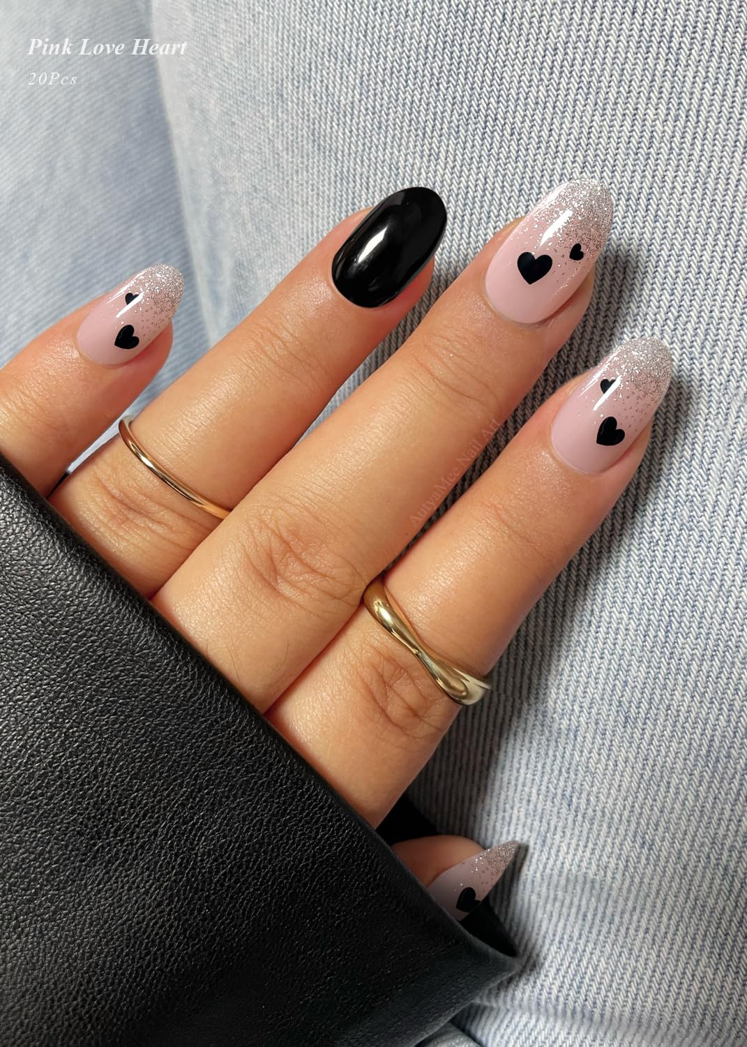 AutyaMee Semi Cured Gel Nail Strips (Black Love Heart), 20 Pcs Gel Nail Wraps, Stickers, UV Light Required, Salon Quality, Long Lasting, Valentines Day Gift