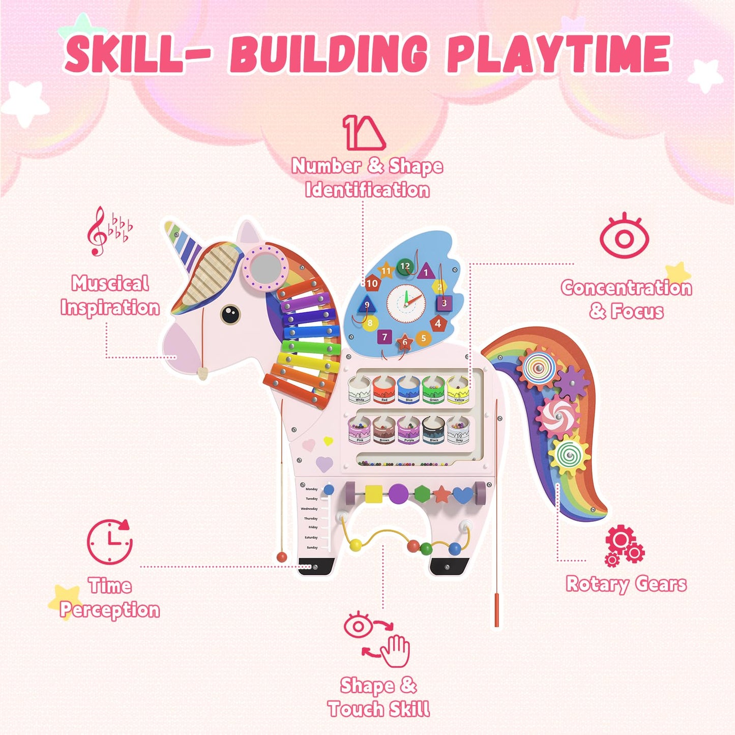 Spacocld Unicorn Activity Wall Busy Board Panels - Sensory Wall Panel for Kids, Montessori Toddler Wall Activity Board, Wall Toys for Toddlers 3, Activity Cube, Perfect for Toddler Playroom, Pink