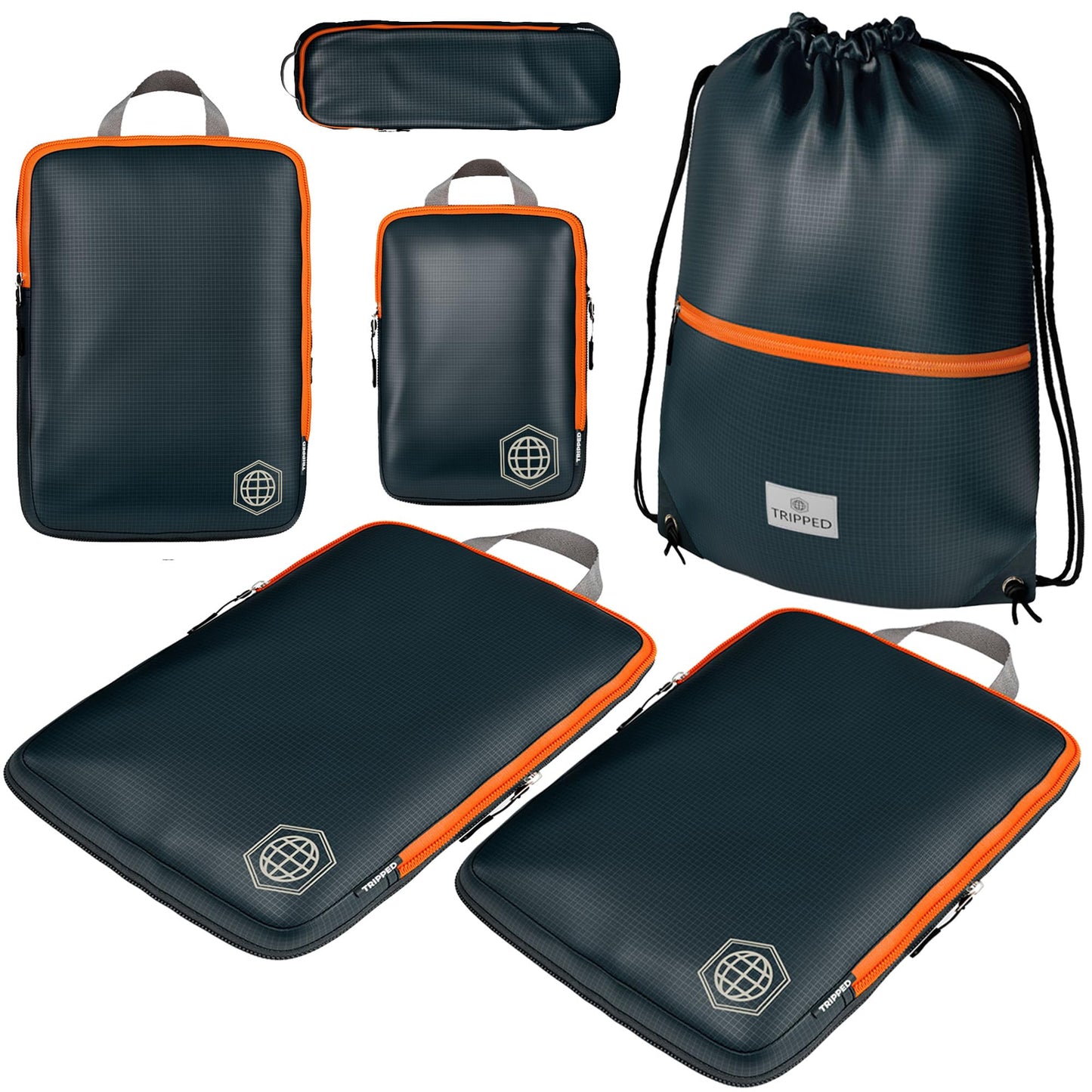 Compression Packing Cubes for Travel – 6 Piece Luggage Organizer Set with Lightweight Laundry Bag/Backpack – Travel Essentials for Carry-On Suitcase or Checked Luggage (Grey/Orange)