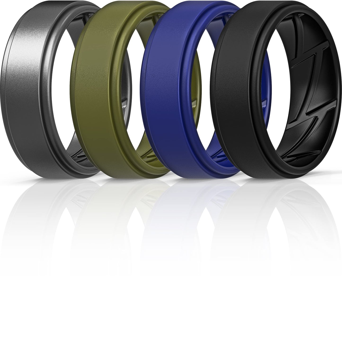 ThunderFit Silicone Wedding Rings for Men Breathable Airflow Inner Grooves, Step Edge Sleek Design Rubber Engagement Bands 8mm Wide 2mm Thick, Variety Multipack 1-7