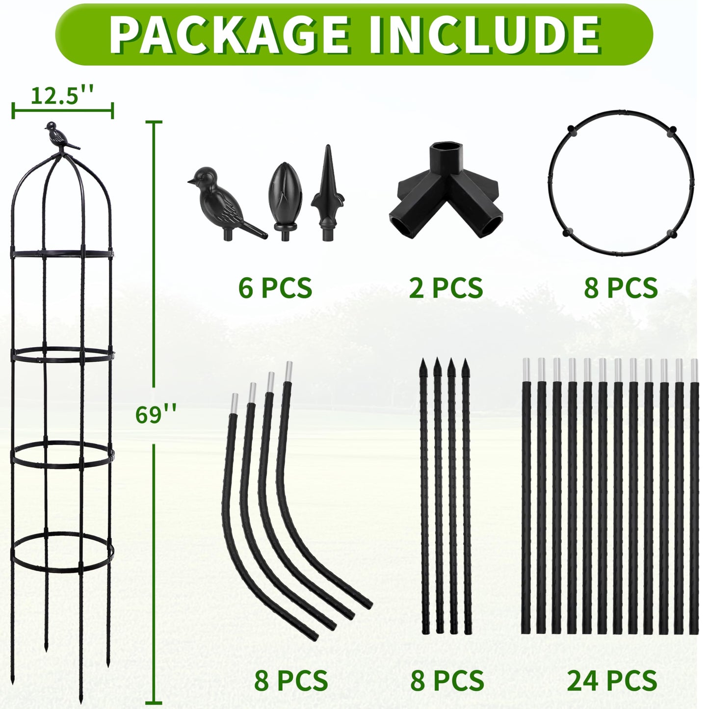 2-Pack 6FT Garden Obelisk Trellis for Climbing Plants,Adjustable 4-Tier Metal Plant Support,Rustproof Outdoor Plant Tower with 3 Decorative Tops for Roses,Tomatoes,Clematis & Vines,Black