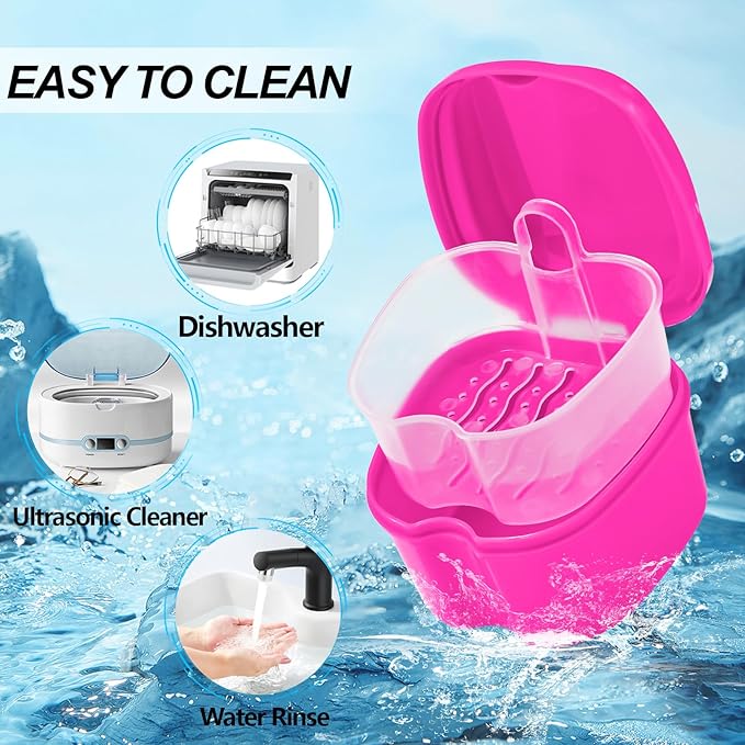 Denture Cup Retainer Cleaning Case False Teeth Soaking Container with 2 Brushes, Dental Retainer Cup Holder Case Denture Soaking Storage Box Case - White & Rose Red