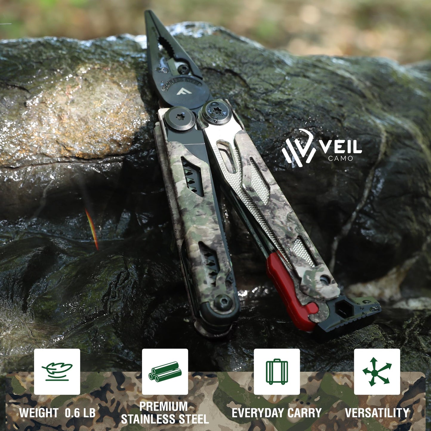 FLISSA Multitool, 18 in 1 Camo Multitool Pliers with Fire Starter, Window Breaker, Whistle, Stainless Steel EDC Gear with Sheath - Perfect for Survival, Simple Repair, Camping