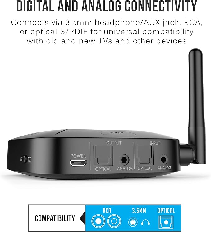 MEE audio Connect Hub Bluetooth Transmitter/Receiver with Audio Pass-Through for TV/Home Stereo with 3.5mm Jack/AUX/RCA/Optical Input; USB Multi-stream Bluetooth Adapter for Dual Headphones/Speakers