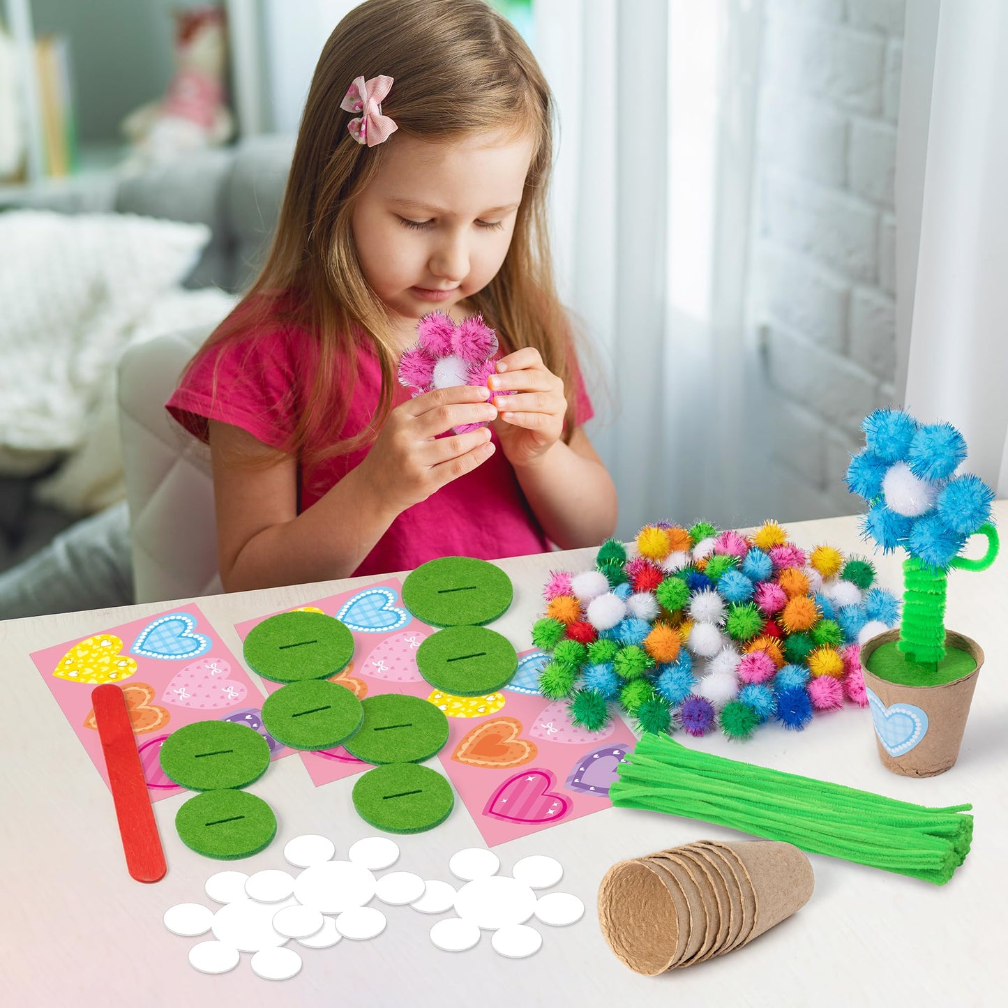 WATINC Mother’s Day Flower Paper Pot Craft Kits - 36 Pack Springtime Pom Pom Flower Decorations, Make Your Standing Glitter Gift Crafts, Fun DIY Decor Home School Classroom Art Activities