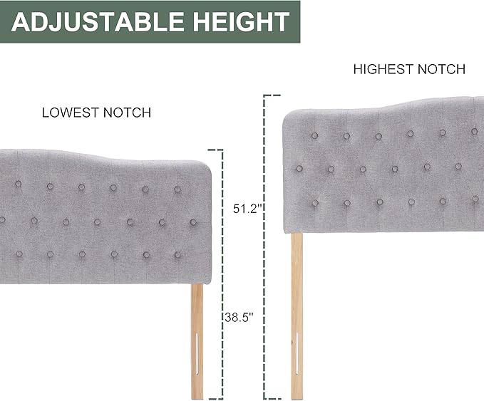 Upholstered Twin Headboard, Button Diamond Tufted Headboards with Adjustable Height and Solid Wood Leg, Linen Fabric Padded Headboard for Twin Size Bed, Mordern Head Board, Grey