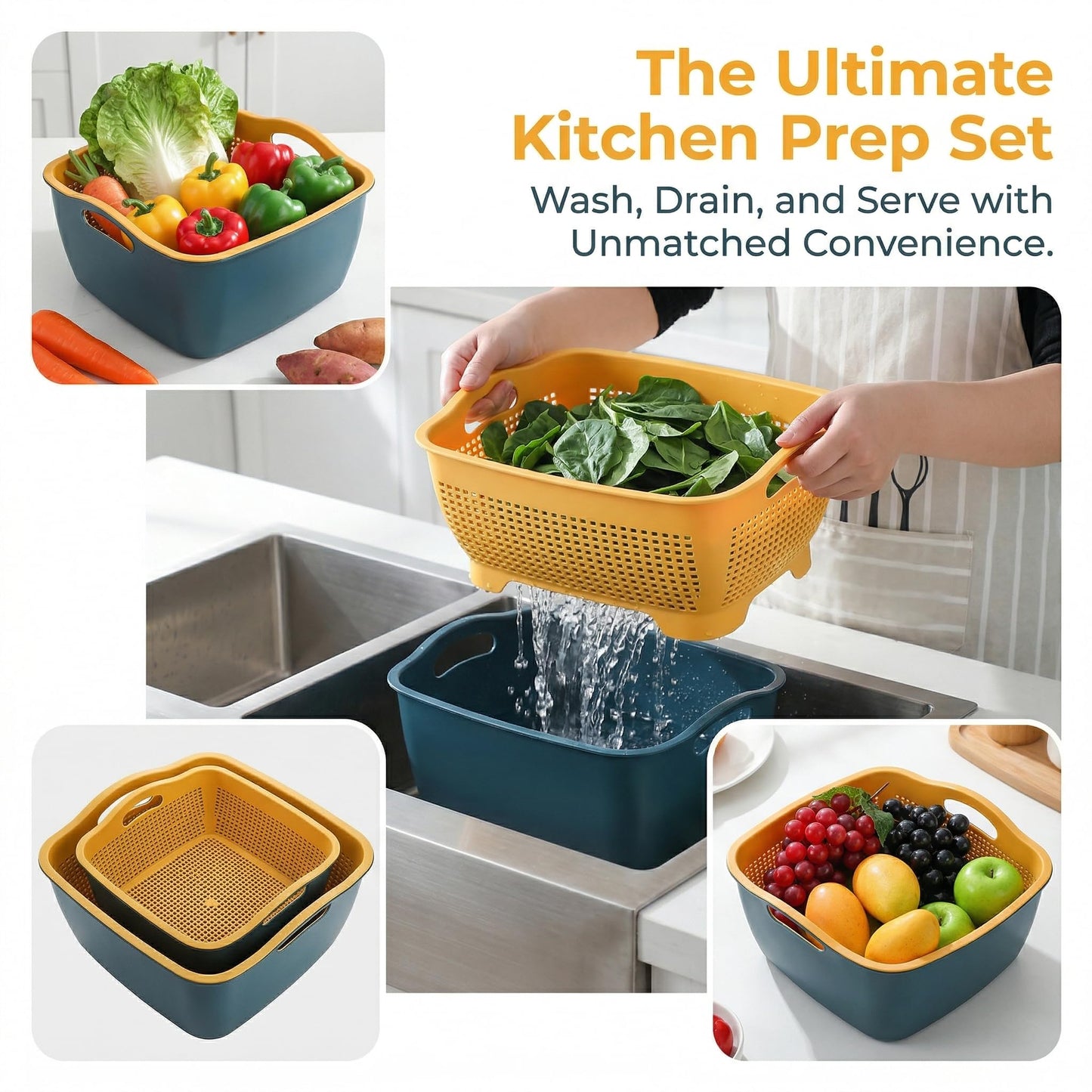 Jucoan 2 Pack 9 & 8 Quart Large Kitchen Strainer Colander Bowl Set, Double-Layer Plastic Fruits Vegetable Washing Basket, Drain Bowls for Cleaning Washing Mixing, Detachable (Blue, Orange)