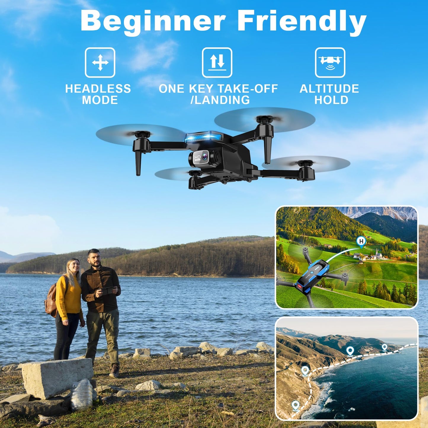 Drone with 1080P Camera - Foldable Remote Control Quadcopter with Gesture Control, 3D Flip, One Key Start, Emergency Stop, 2 Batteries, Easier to use, Toy for Adult Beginners, Black&Blue